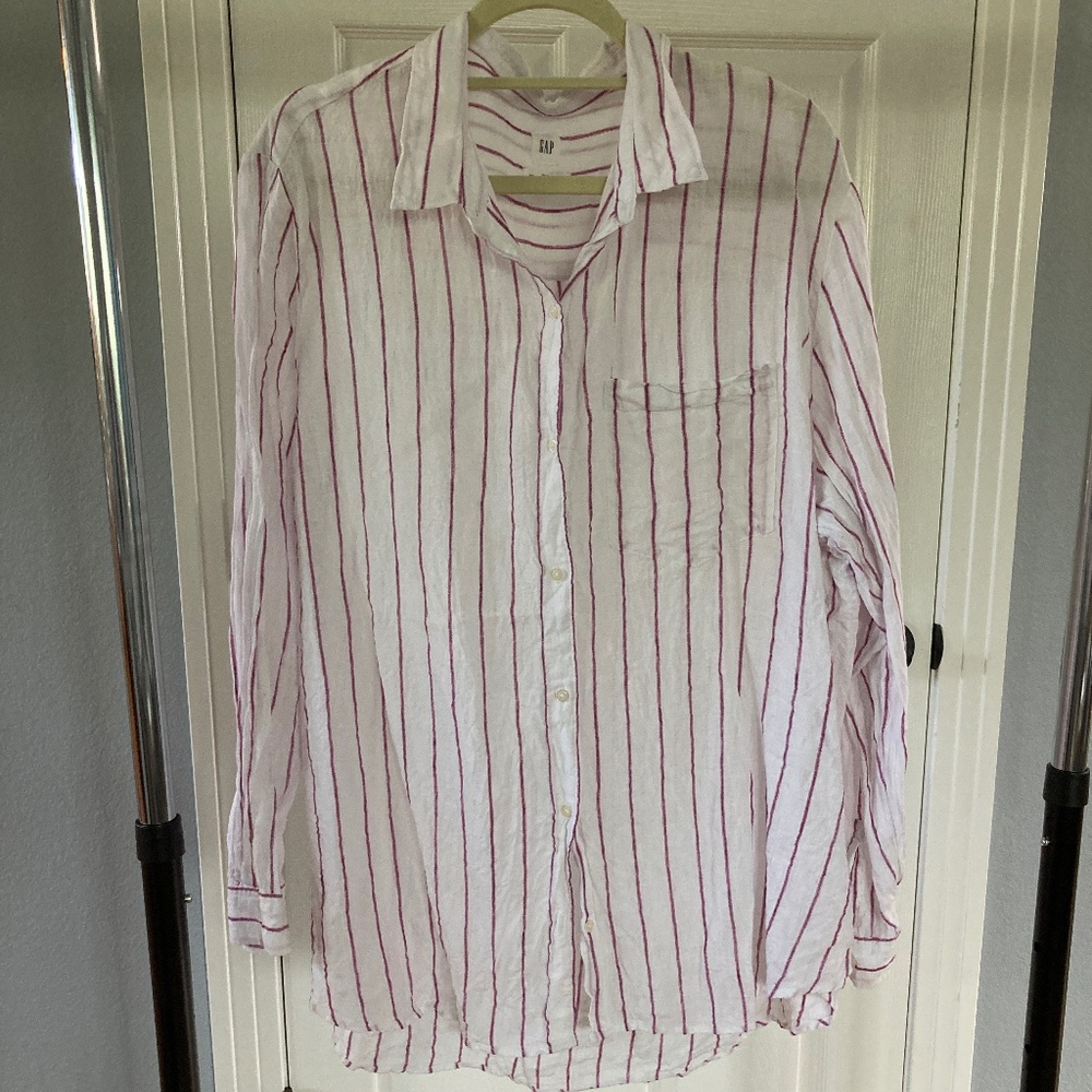 GAP Boyfriend Shirt Linen Long Sleeve Button Down White Pink Stipe XXL